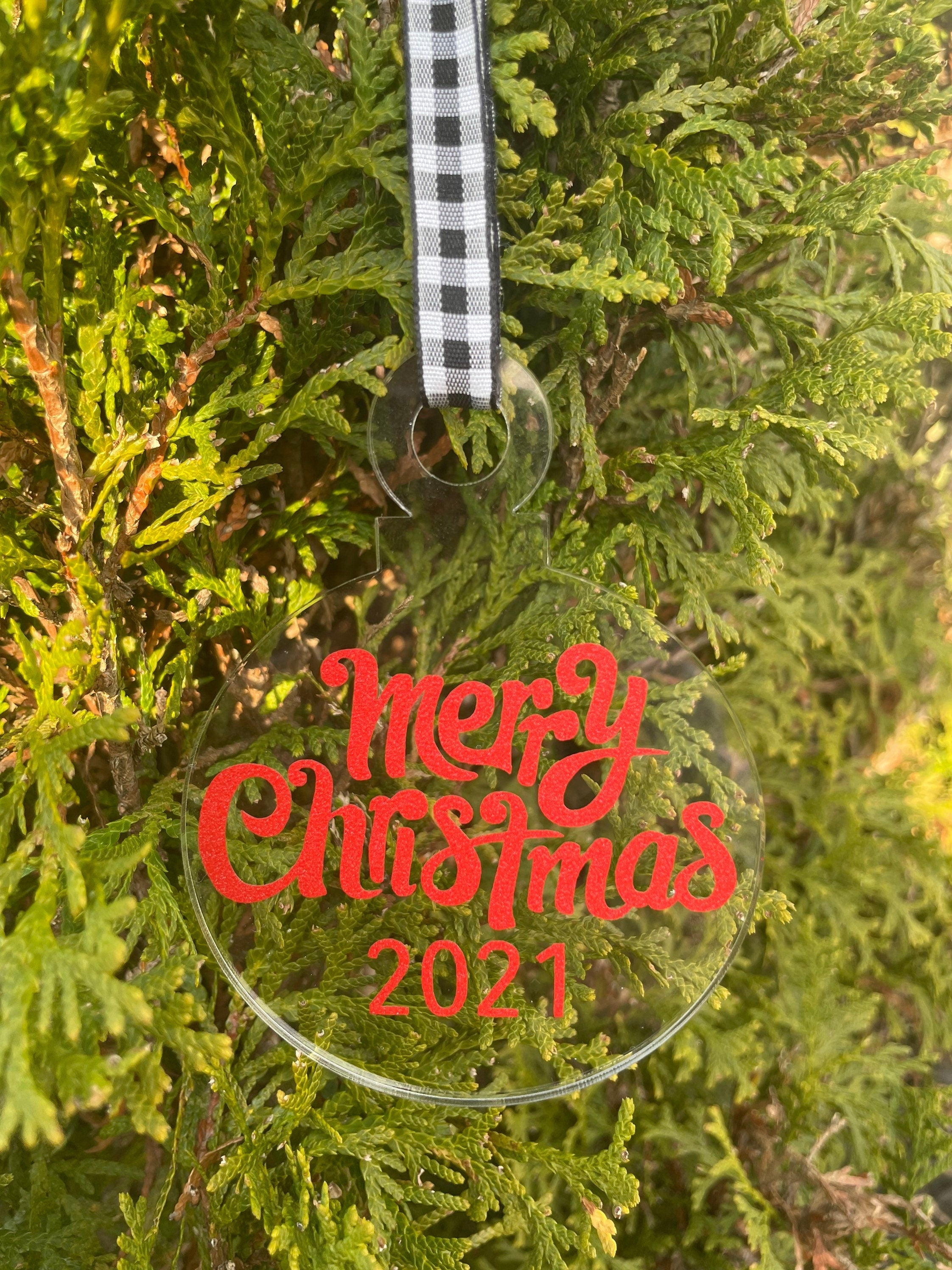 2021 Christmas Ornament, Red, Silver, Ribbon, Acrylic, Shatterproof, Buffalo Plaid, Merry Christmas