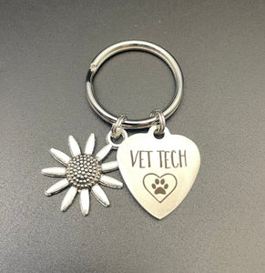 Vet Tech Keychain, Gift, Paw Print, Dog, Heart, Veterinarian, Graduation, Sunflower