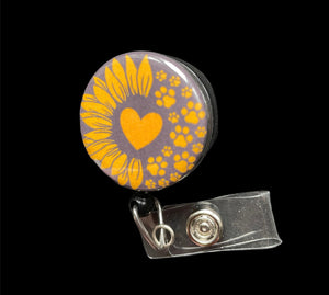 Sunflower and Paw Prints Retractable ID Badge Reel, Badge Holder, Dog, Cat, Heart