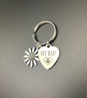 Vet Tech Keychain, Gift, Paw Print, Dog, Heart, Veterinarian, Graduation, Sunflower