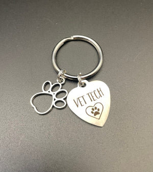 Vet Tech Keychain, Gift, Paw Print, Dog, Heart, Veterinarian, Graduation, Sunflower