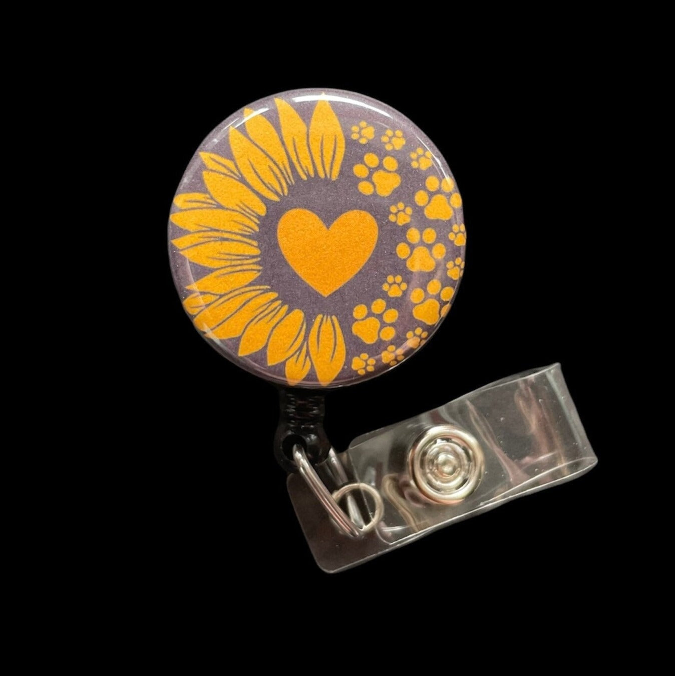 Sunflower and Paw Prints Retractable ID Badge Reel, Badge Holder, Dog, Cat, Heart