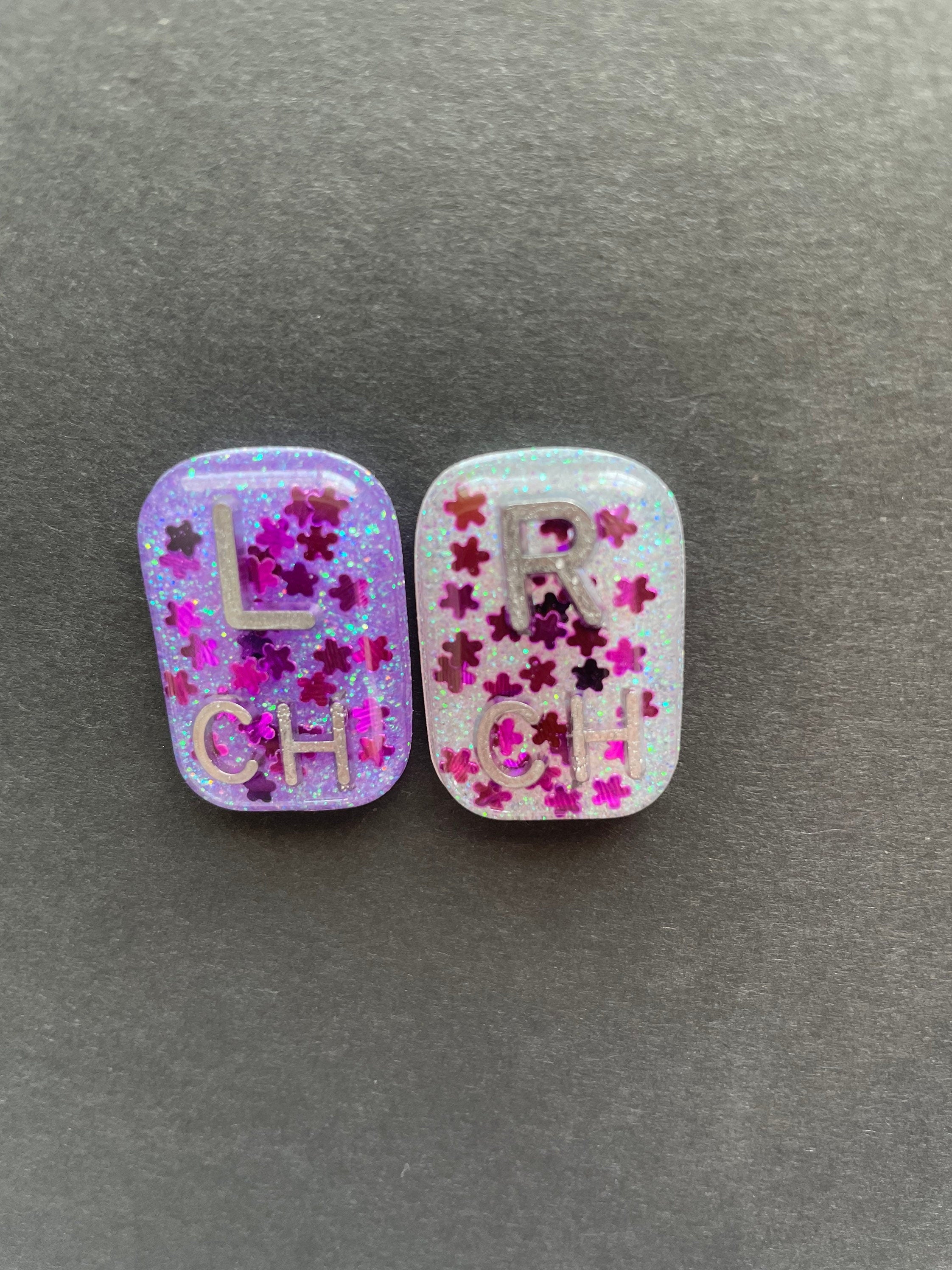 Purple Flower Xray Markers, With 2 or 3 Initials, Small Rectangle, Glitter