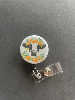 Cow Badge Reel, Flower Crown, Retractable ID Badge Holder, Sunflower