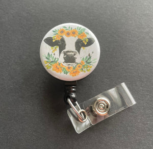 Cow Badge Reel, Flower Crown, Retractable ID Badge Holder, Sunflower