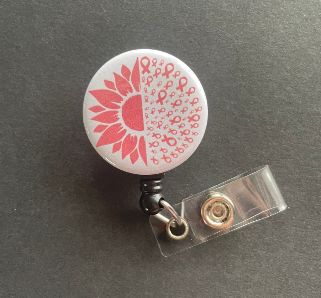 Sunflower and Breast Cancer Ribbon Badge Reel, Mammo, Breast Cancer Awareness, Retractable ID Badge Holder, Pink Ribbon