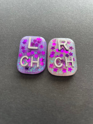 Purple Flower Xray Markers, With 2 or 3 Initials, Small Rectangle, Glitter