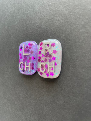 Purple Flower Xray Markers, With 2 or 3 Initials, Small Rectangle, Glitter