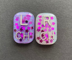 Purple Flower Xray Markers, With 2 or 3 Initials, Small Rectangle, Glitter