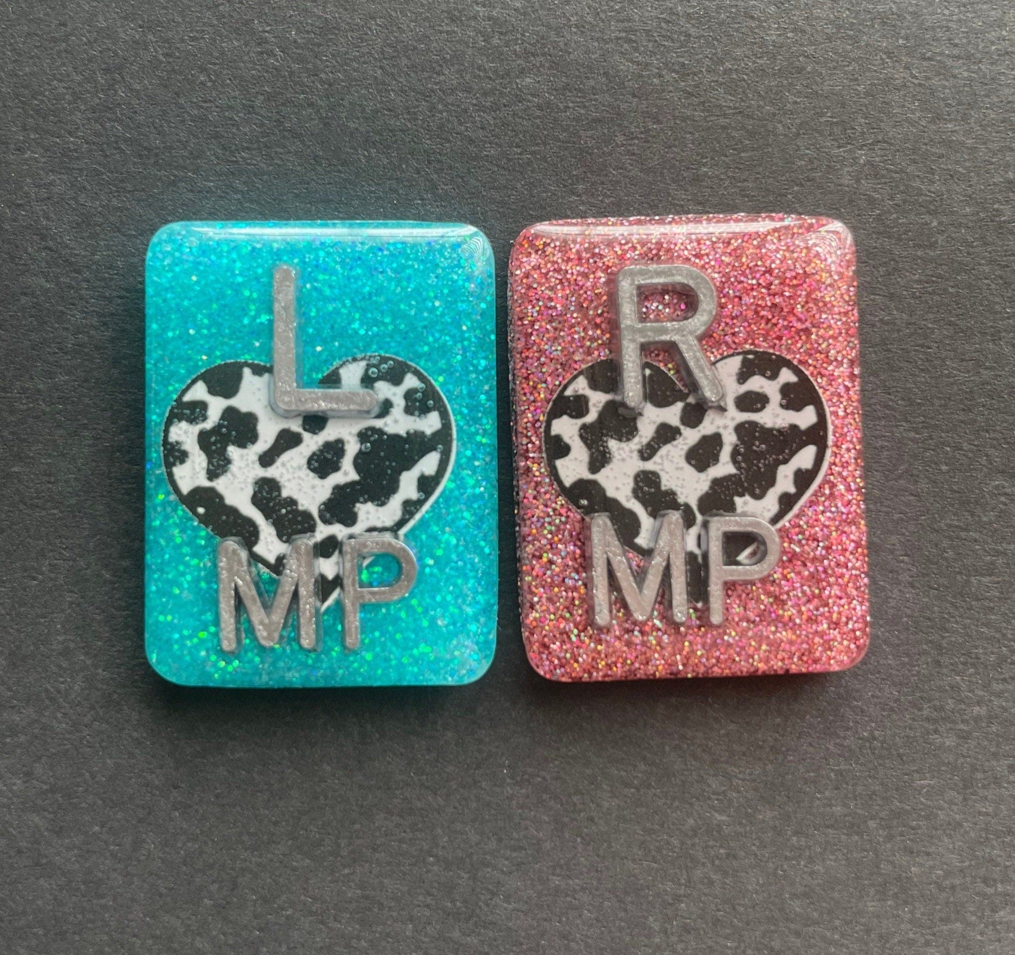 Cow Print Heart Xray Markers, With 2 or 3 Initials, Glitter, Rectangle, Cows, Farm