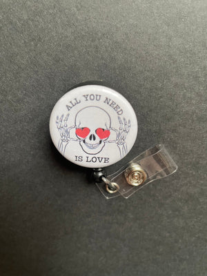 Valentine Skeleton Badge Holder, Retractable ID Badge Reel, All You Need Is Love, Heart