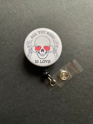 Valentine Skeleton Badge Holder, Retractable ID Badge Reel, All You Need Is Love, Heart