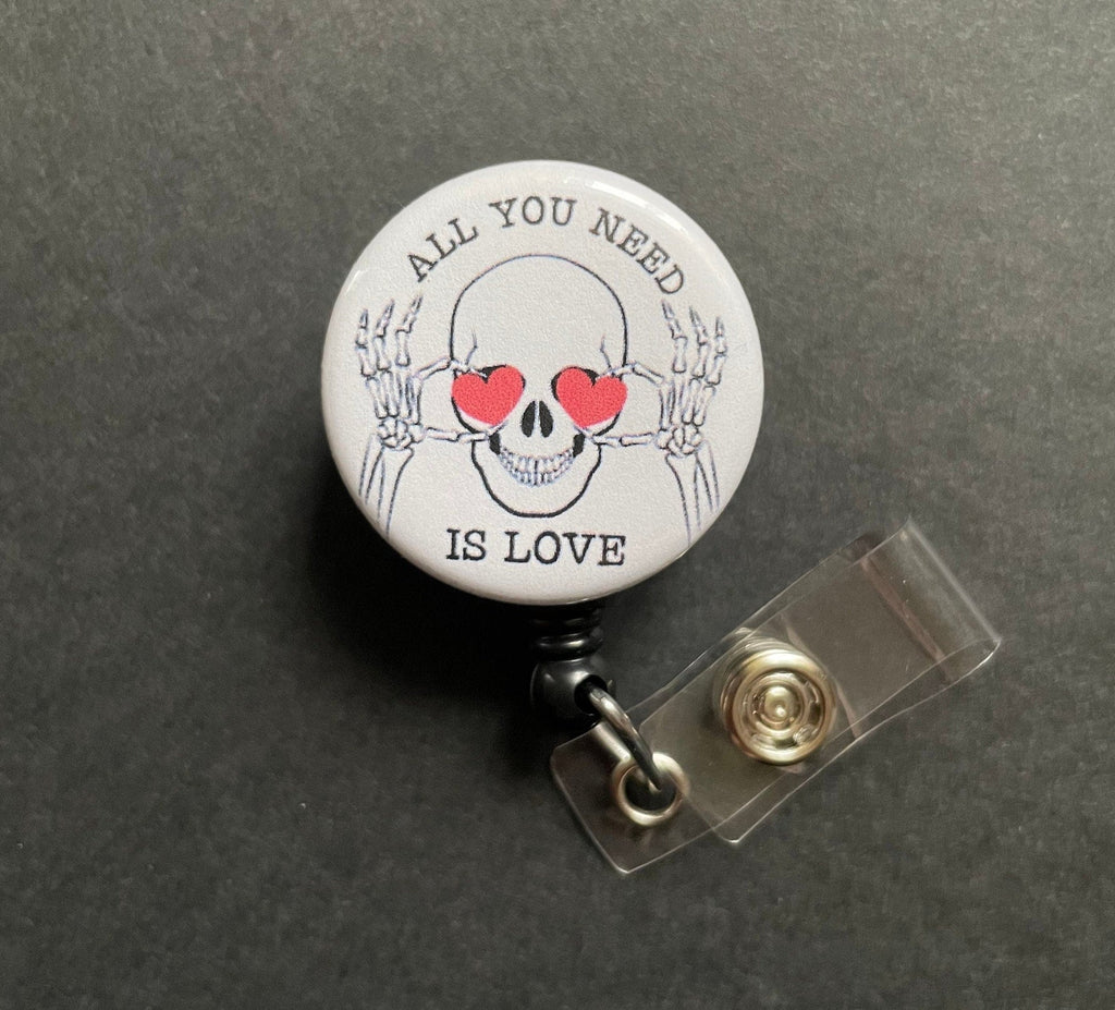 Valentine Skeleton Badge Holder, Retractable ID Badge Reel, All You Need Is Love, Heart