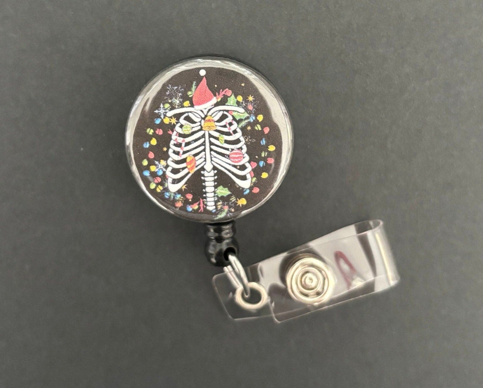 Christmas Ribcage Badge Holder, Retractable ID Badge Reel, Festive, Medical, Thorax, Santa Hat, Lights, Ortho, Nurse, Radiology