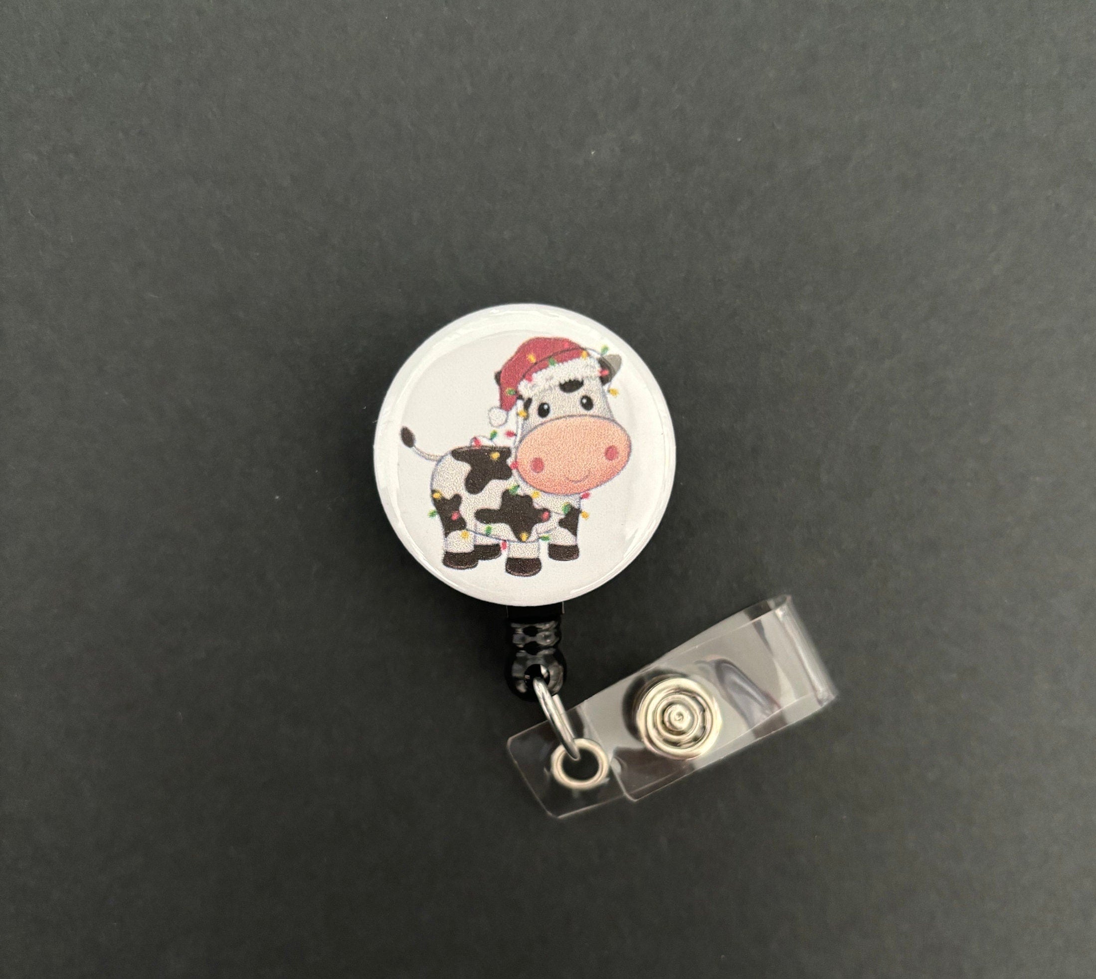 Festive Cow Badge Reel, Retractable ID Badge Holder, Cute, Lights, Farm, Animal, Holiday, Christmas, Gift