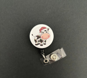 Festive Cow Badge Reel, Retractable ID Badge Holder, Cute, Lights, Farm, Animal, Holiday, Christmas, Gift