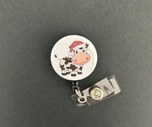 Festive Cow Badge Reel, Retractable ID Badge Holder, Cute, Lights, Farm, Animal, Holiday, Christmas, Gift