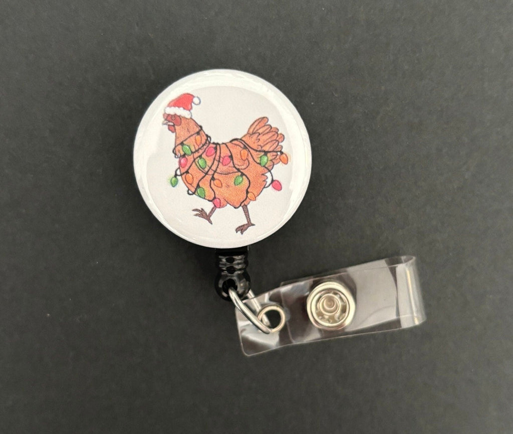 Festive Chicken Badge Reel, Retractable ID Badge Holder, Cute, Lights, Farm, Animal, Holiday, Christmas, Gift, Country, Funny