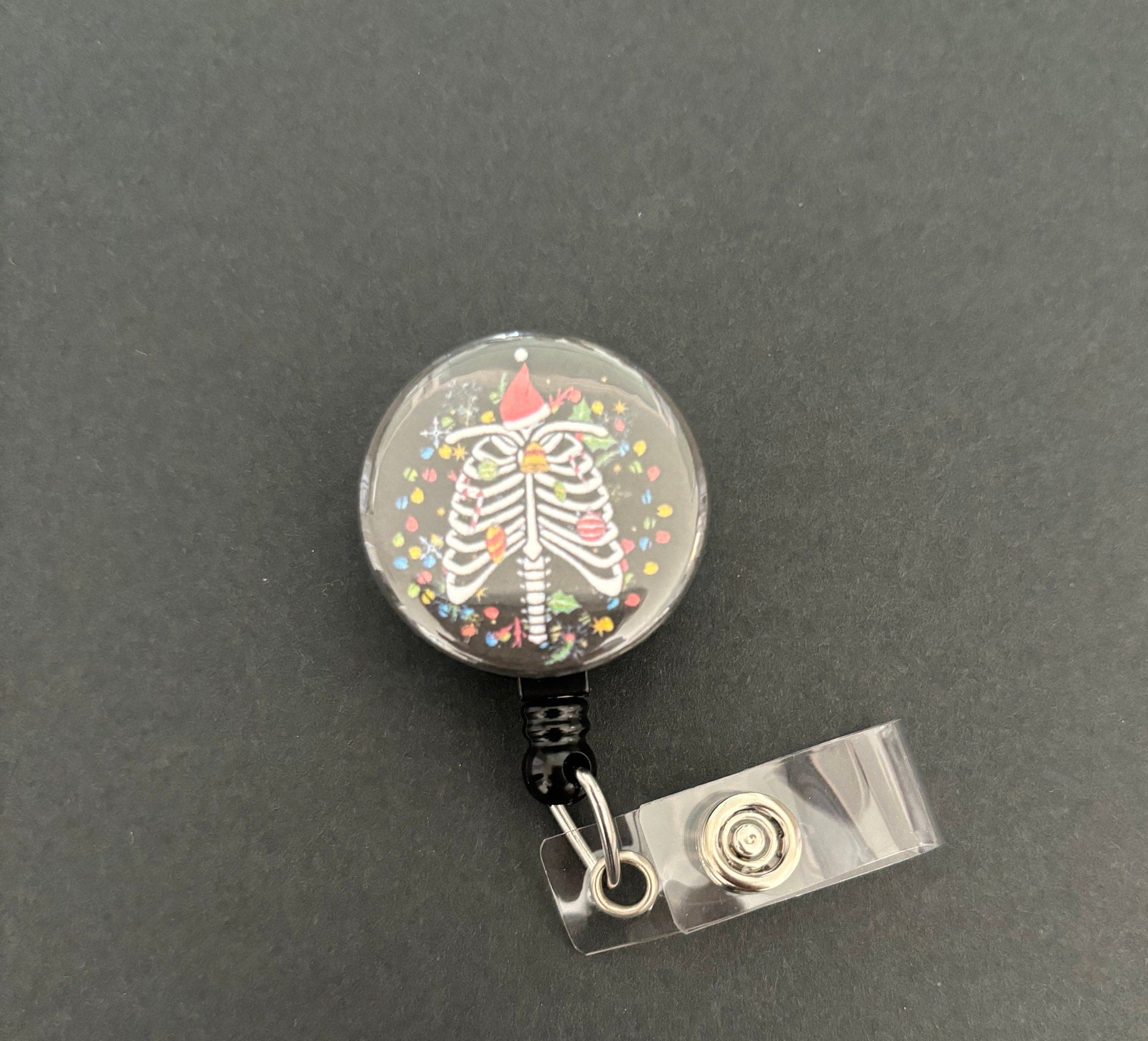 Christmas Ribcage Badge Holder, Retractable ID Badge Reel, Festive, Medical, Thorax, Santa Hat, Lights, Ortho, Nurse, Radiology