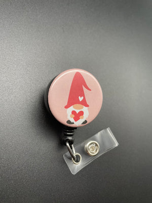 Gnome Valentine's Day Badge Holder, Retractable ID Badge Reel, Cute, Heart, Nurse