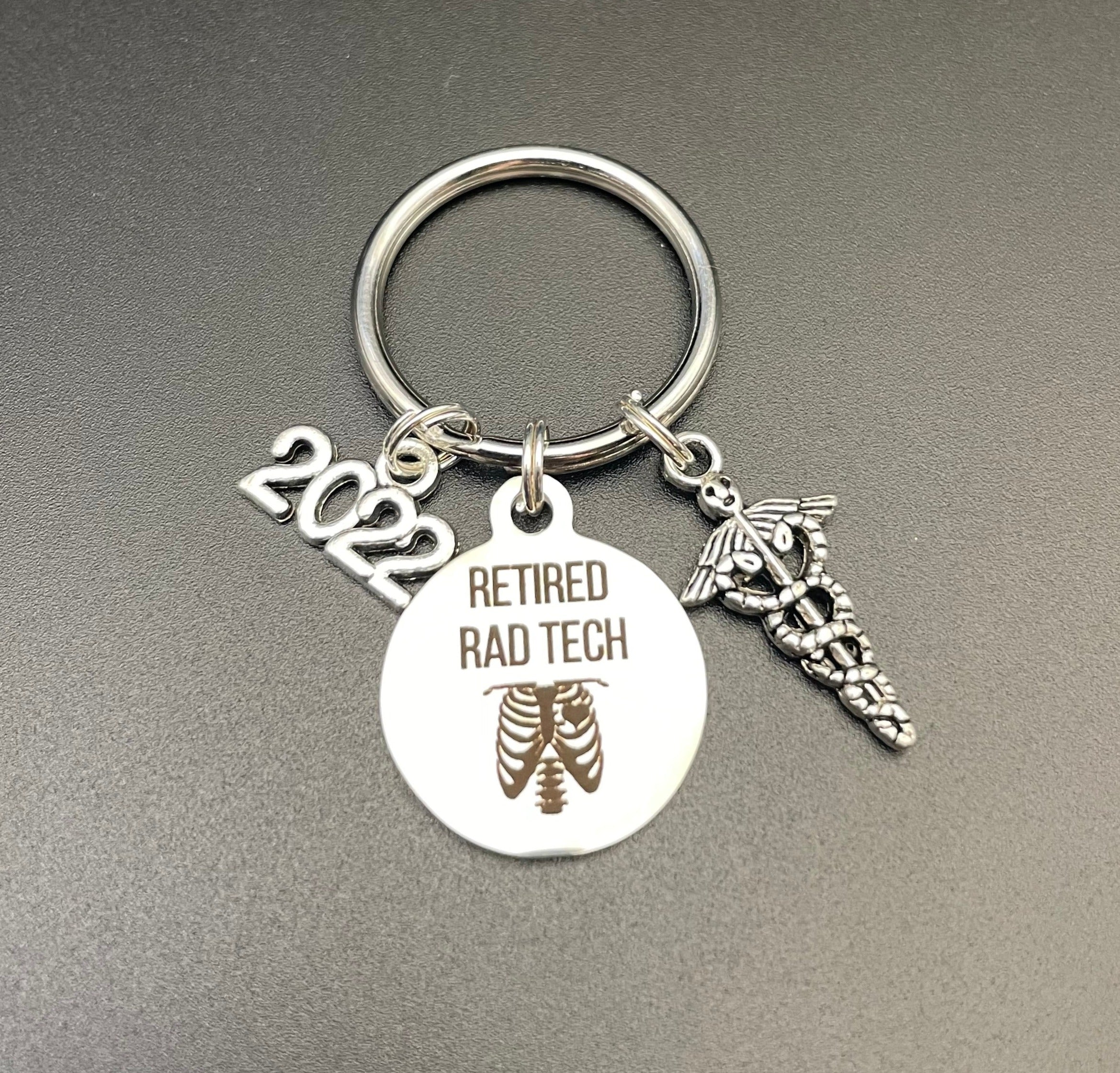 Rad Tech Retirement Gift, 2021, X-ray Tech Keychain, Radiology, Xray Tech, Radiographer, Retired, Skull, Skeleton, Caduceus