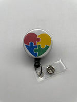 Puzzle Piece Autism Awareness Badge Holder, Retractable ID Badge Reel, Valentine's Day, Heart