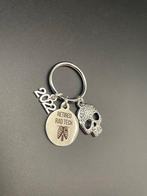 Rad Tech Retirement Gift, 2021, X-ray Tech Keychain, Radiology, Xray Tech, Radiographer, Retired, Skull, Skeleton, Caduceus