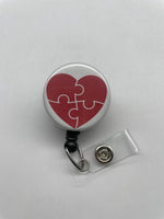 Puzzle Piece Valentine's Day Badge Holder, Retractable ID Badge Reel, Autism Awareness, Heart