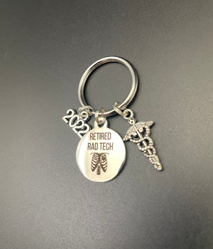 Rad Tech Retirement Gift, 2021, X-ray Tech Keychain, Radiology, Xray Tech, Radiographer, Retired, Skull, Skeleton, Caduceus