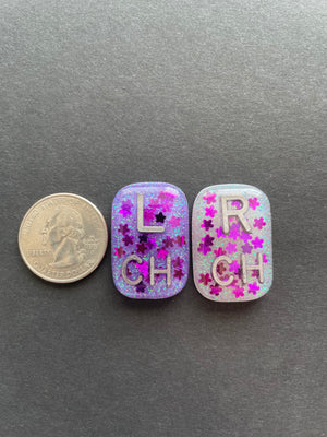 Purple Flower Xray Markers, With 2 or 3 Initials, Small Rectangle, Glitter