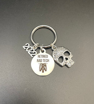 Rad Tech Retirement Gift, 2021, X-ray Tech Keychain, Radiology, Xray Tech, Radiographer, Retired, Skull, Skeleton, Caduceus