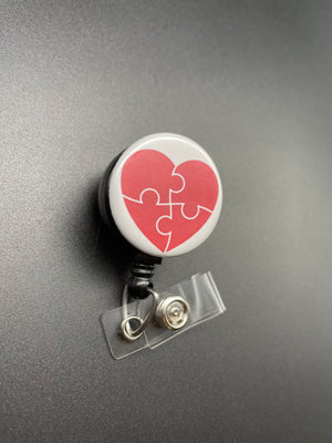 Puzzle Piece Valentine's Day Badge Holder, Retractable ID Badge Reel, Autism Awareness, Heart