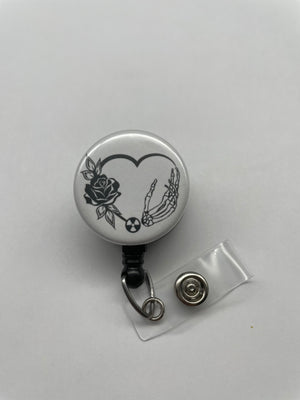 Skeleton Hand and Rose Badge Holder, Retractable ID Badge Reel, Xray Tech, Radiology, Radiation Symbol, Valentine's Day, Bones